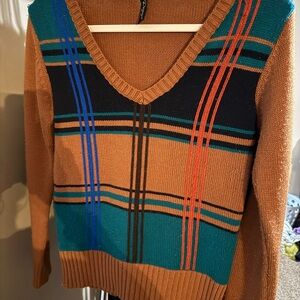 Gaze Brown V-Neck Sweater with Stripes